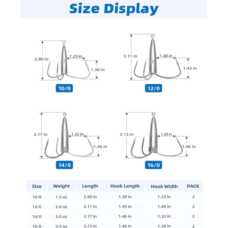 Bluwing 12/0 Weighted Treble Hooks 2pcs Snag Hooks High Carbon Steel Fishing Hook Bunker Snagging Hooks Saltwater Heavy Duty Treble Hooks, 2oz Bluwing 12/0 Weighted Treble Hooks 2pcs Snag Hooks High Carbon Steel Fishing Hook Bunker Snagging Hooks Saltwater Heavy Duty Treble Hooks, 2oz
