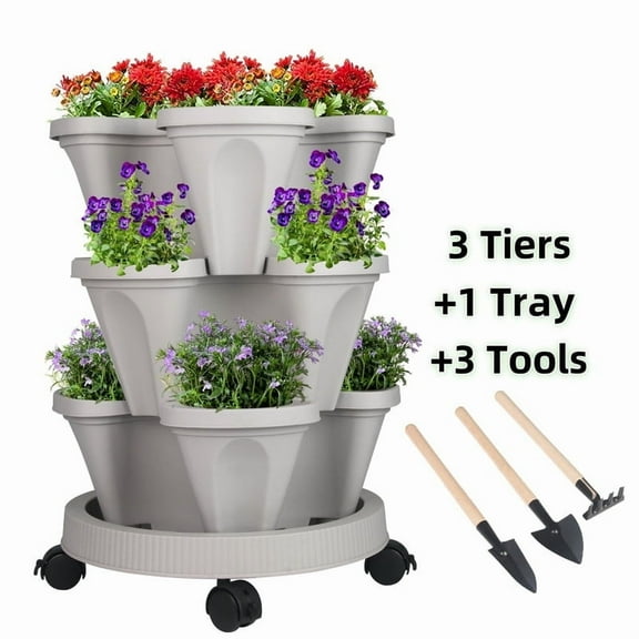 Every Moment Counts 3-Tier Stackable Vertical Garden Planter for Strawberries, Herbs & Vegetables – Indoor/Outdoor Space-Saving Design, Grow Fresh Produce on Patios, Balconies, Garden, Agreeable Gray