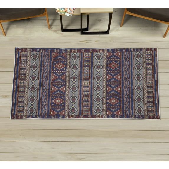 Ikat Decorative Rug, Geometric Tribal Pattern Indigenous Art Style Old Antique Tribe Motifs Abstract Art, Quality Carpet for Bedroom Dorm and Living Room, 6 Sizes, Violet Blue, by Ambesonne