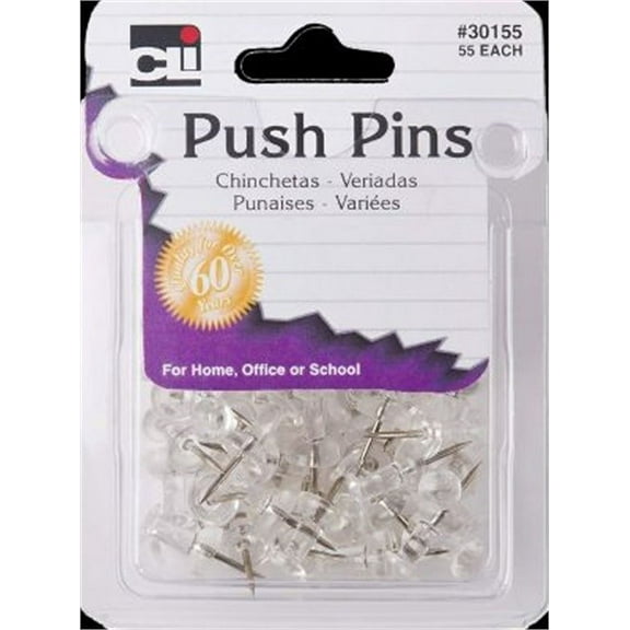 PUSH PINS CLEAR 55CT CLMSHL