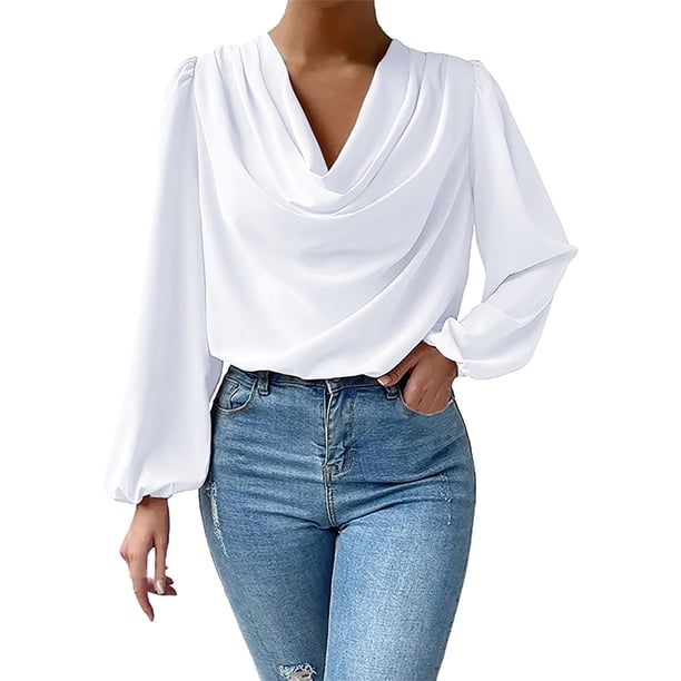 Blusa de gasa para mujer con cuello en V, volantes, pliegues y mangas acampanadas, blusa holgada informal para otoño