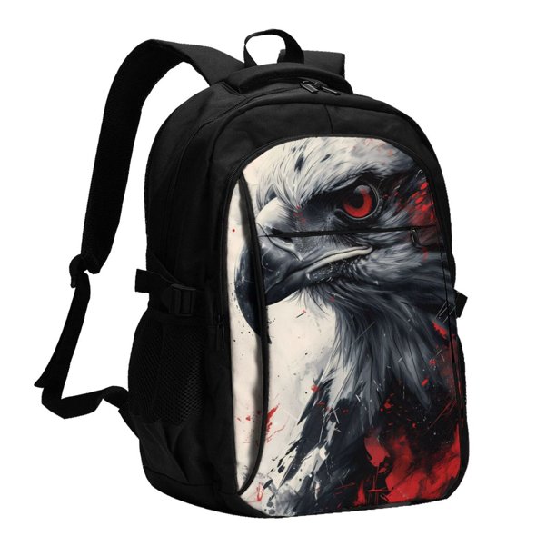 Easygdp Red Black Ink Style Bald Eagle Mochila para Laptop de Viaje con Puerto USB, Mochila para Laptop con Puerto de Carga USB para Mujeres y Hombres