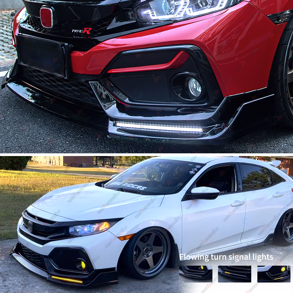 Carbon Fiber Style Front Bumper Lip W/Light Compatible with 2016-2021 Honda Civic Hatchback & Si, Air Dam Spoiler Splitter with LED Daytime Running Lights Fit for 2016 2017 2018 2019 2020 2021