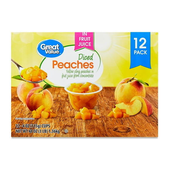 Great Value Diced Yellow Cling Peaches in Juice, 4 oz, 12 Count