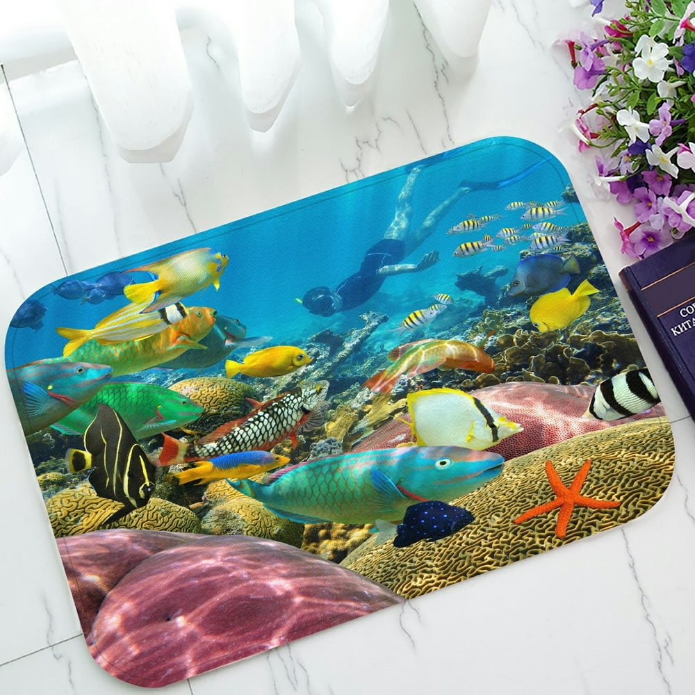 ECZJNT Man underwater swims colorful coral reef tropical fish Doormat