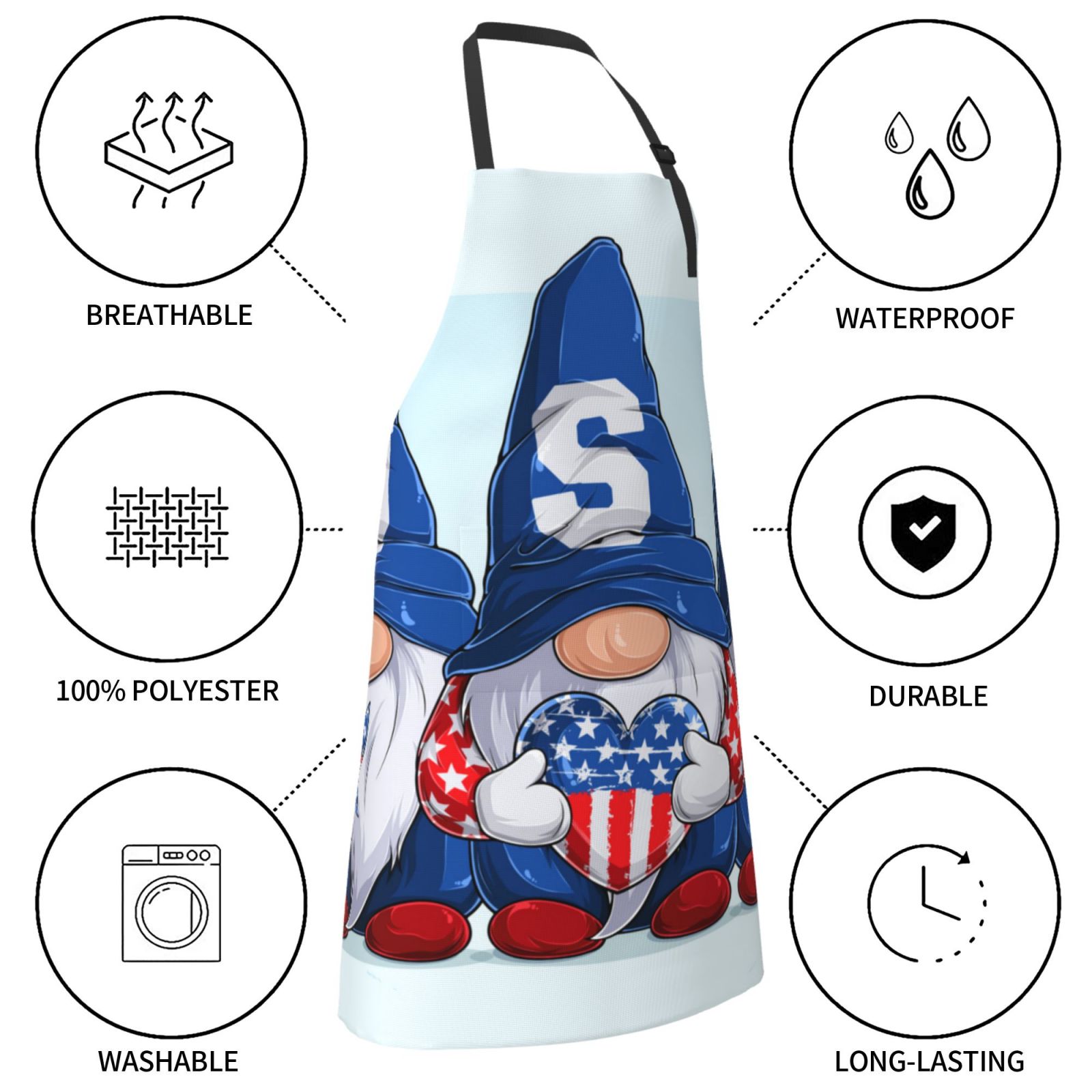 Kdxio Cute Gnomes in USA Apron with Pockets Adjustable Kitchen Aprons for Men Women Waterproof Aprons for Cooking,Drawing,Crafting, Baking Household Cleaning