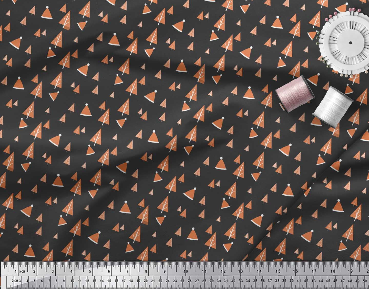 Soimoi Black polyester Crepe Fabric Santa Cap & Tree Christmas Print Sewing Fabric Yard 52 Inch Wide