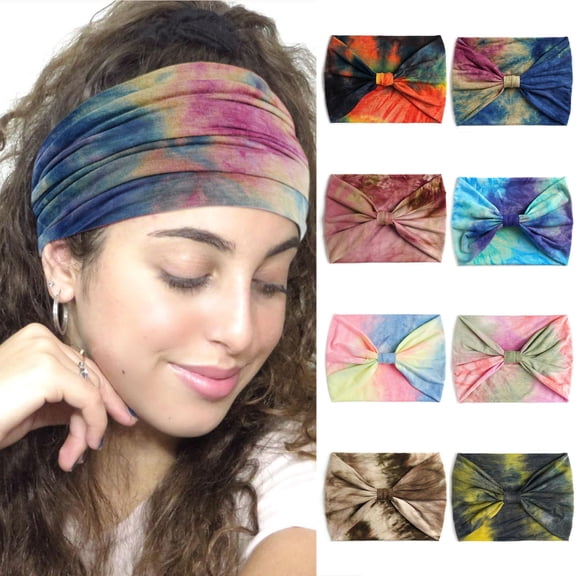 Headbands for Women Men LSQii Casual Tie Dye Rainbow Color Hair Band Turban Wicking Blue Adjustable Elastic Wide Head Wrap for Running Sports Cycling