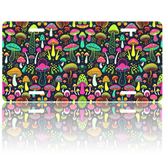 1 Pcs 2D Flat License Plate Covers & Frames, Colorful Mushrooms For Decorative Front, Waterproof For Decoration Aluminum License Plate Covers & Frames Cover For Men Women, 12" X 6"
