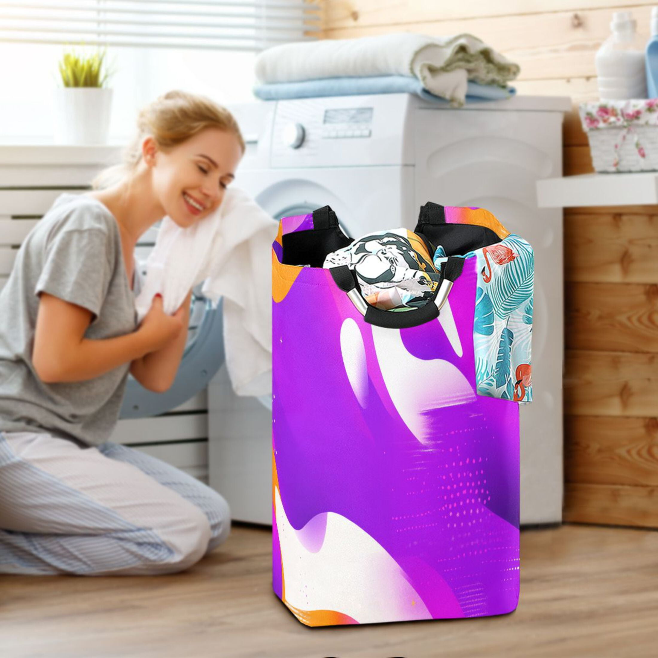Dynamic Waves Foldable Laundry Hamper 12.6x11x22.7in with Handles for Bathroom Bedroom Storage