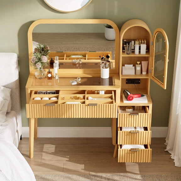DRNANLIT Large Natural Wood Vanity Desk with Charging Station, Arched Mirror, Glass Display Cabinet for Bedroom