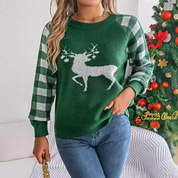 Aloohaidyvio Ugly Christmas Sweaters for Women,Women's Winter Casual Plaid Deer Christmas Sweater Long Sleeve Knitwear Pullover Sweaters
