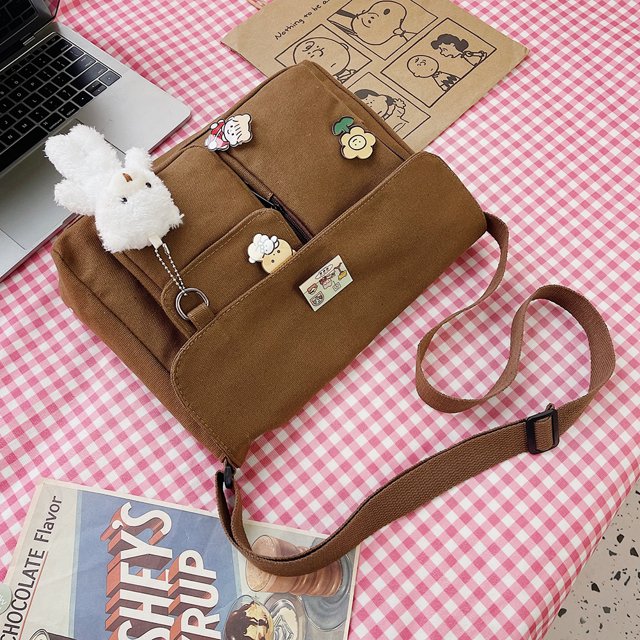 Bolso bandolera para mujer Bolso de mensajero grande de lona japonesa (colgante de oso blanco)