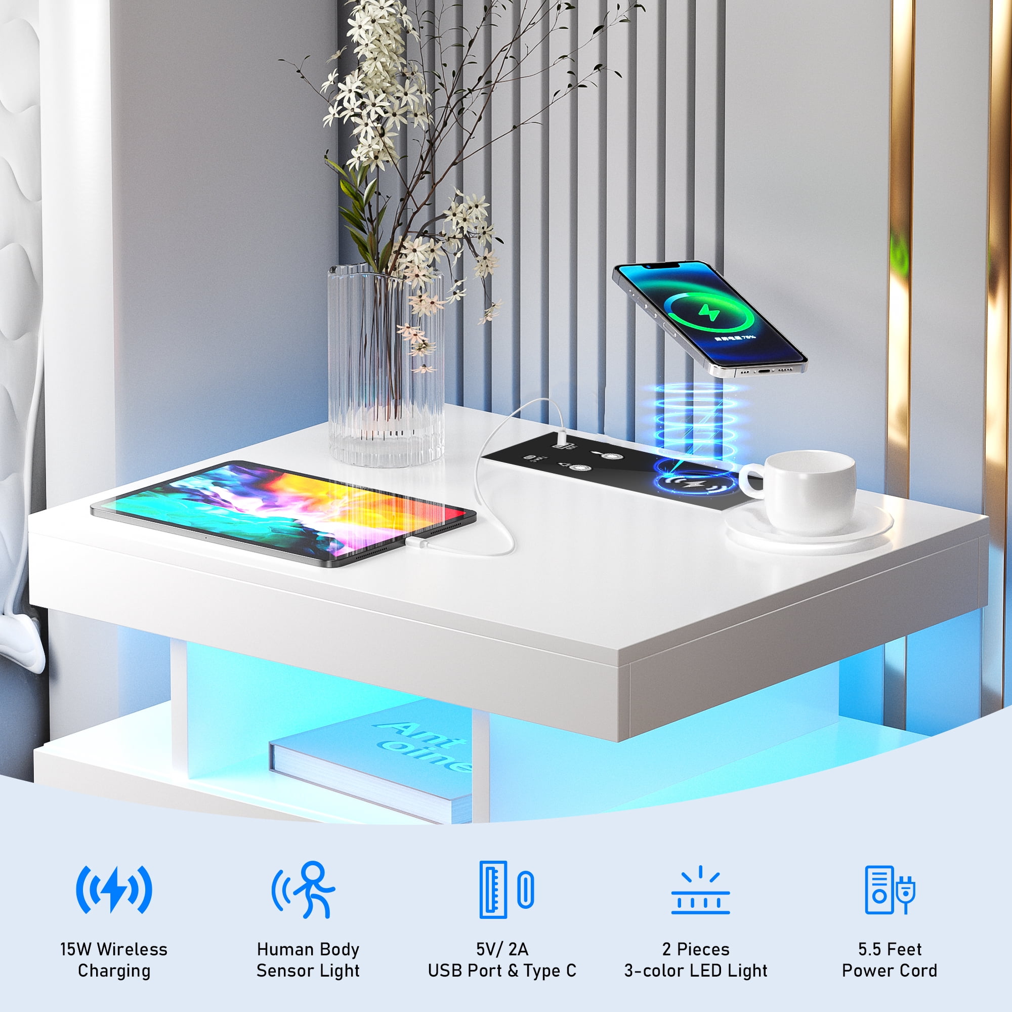 Dalattin White Nightstand with Charging Station 2 Drawers, Smart Sense End Side Table for Bedroom