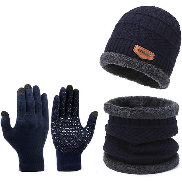 Genérico Conjunto de Invierno 3 Piezas Color Azúl Marino -Navy- con Gorro de Punto Forrado, Bufanda Cuello de Forro Polar y Guantes Táctiles Antideslizantes para Hombre y Mujer.
