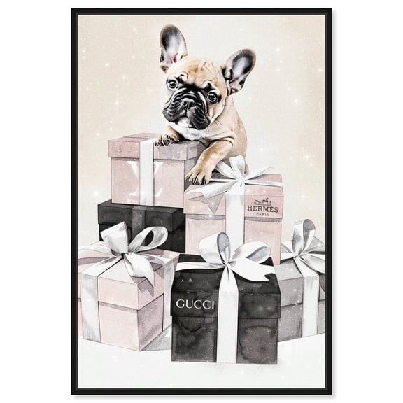 Cute Frenchie Gift Boxes Canvas Fashion Illustration by Art Remedy, Black Frame, 10" x 15"