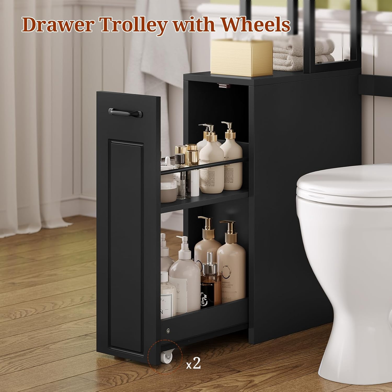 Weiplehoom Over the Toilet Storage Cabinet with Wheeled Drawer Trolley & 3-tier Open Shelves, Bathroom Organizer with 6 Hooks, Storage Rack for Restroom, Bathroom, Laundry, Plant Stand, Black