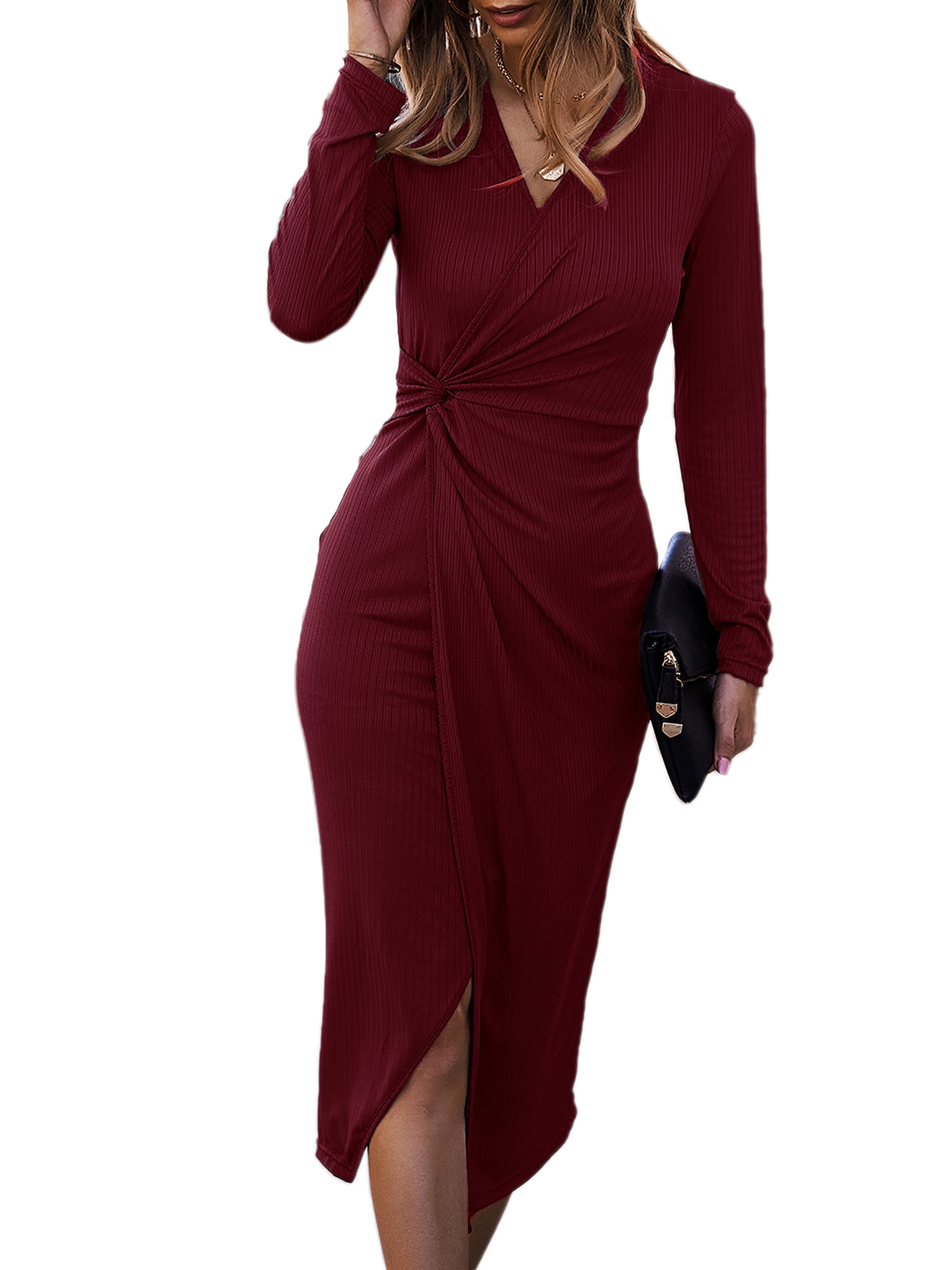 SWQZVT Women V Neck Bodycon Dress Long Sleeve Twist Front Ribbed Knit ...