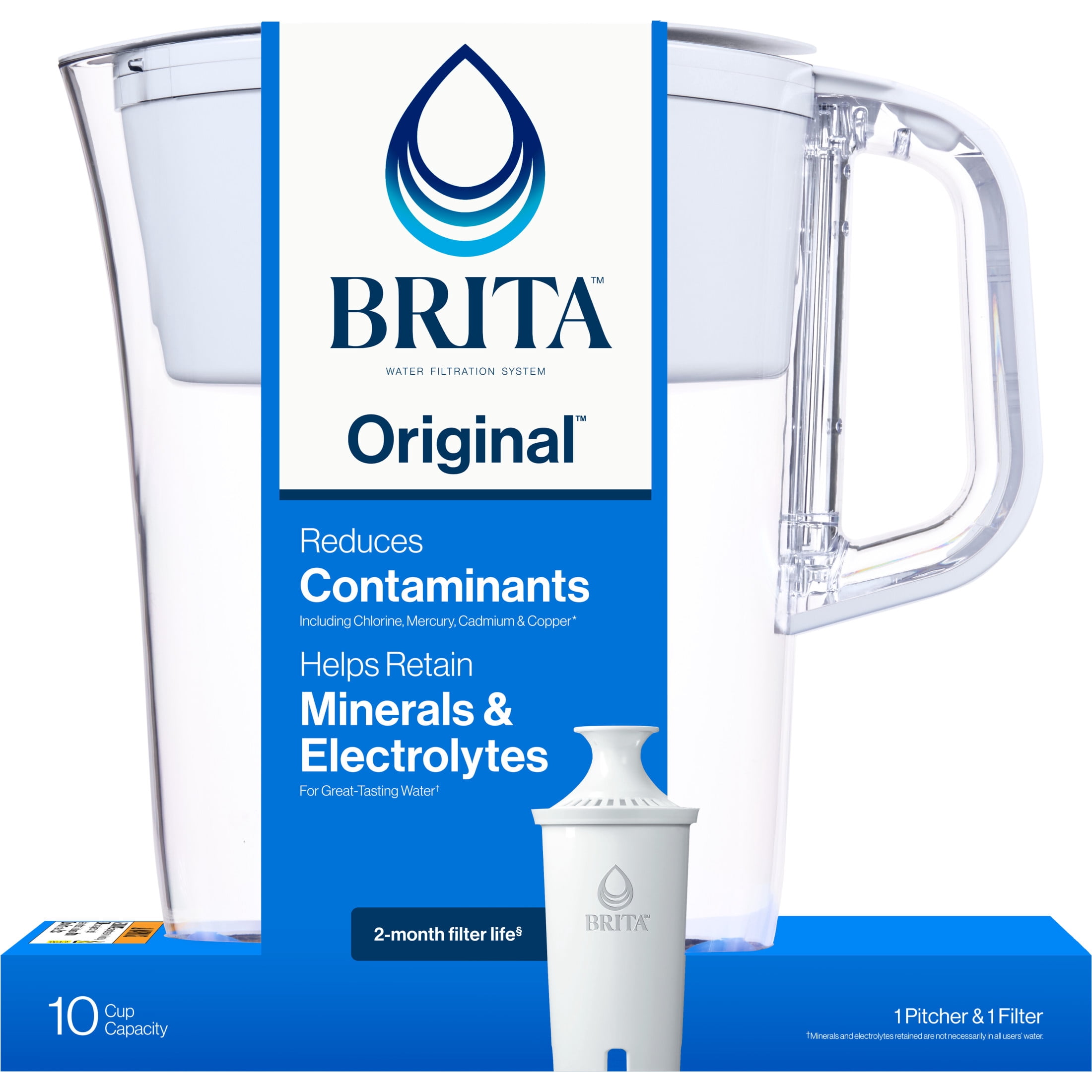 Brita 10 Cup Large Plastic Water Filter Pitcher, White, BPA Free with 1 Standard Brita Filter