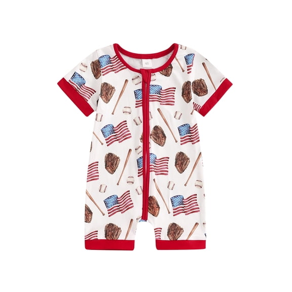 Hirigin 4th of July Baby Girl Boy Outfit Romper American Flag Baseball Print Short Sleeve Zipper Jumpsuit Independence Day Clothes