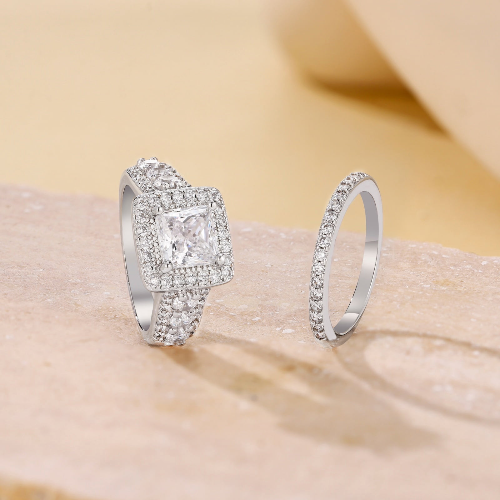 SFTING Wedding Rings for Women Halo Princess Cut Engagement Rings Enternity 5A CZ Silver 18K Plated Jewelry Promise Rings for Her Size 7