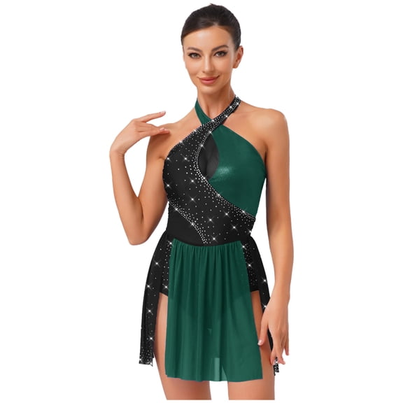 inlzdz Womens Rhinestone Dance Dress Halter Sleeveless Latin Ballet Leotard Figure Skating Bodysuit Dark Green XXL
