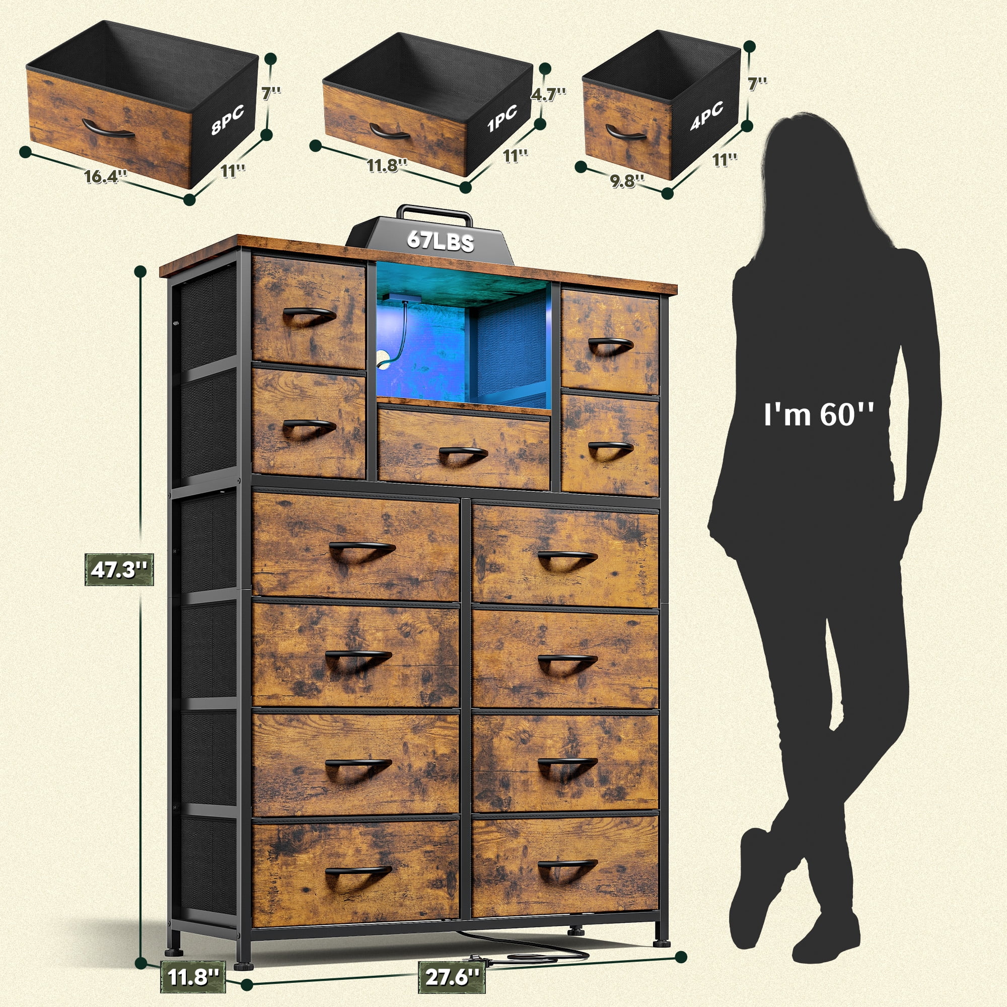 Dresser for Bedroom with 13 Fabric Drawers Tall Dresser with LED Light & Charging Station, Rustic Brown