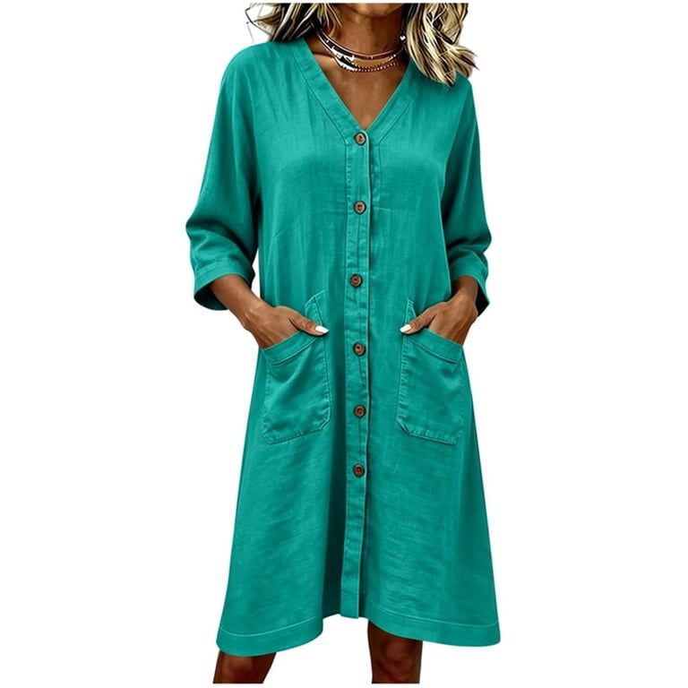 linen pocket tunic dress Jade Teal | Womens Linen Pocket Tunic Dress