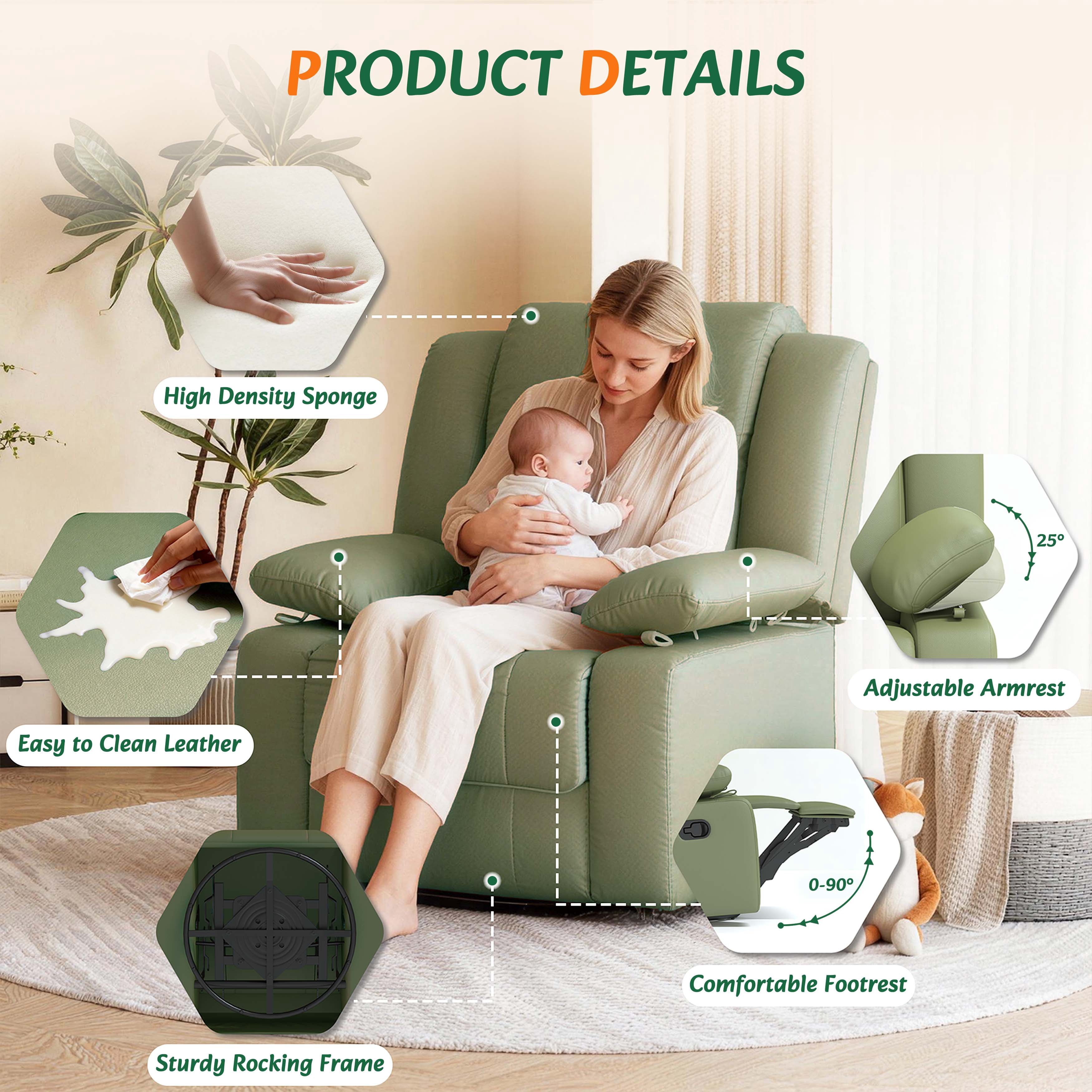 LAZZO Recliner Chair with Adjustable Armrest and Headrest, Upholstered Swivel Rocking Chair for Nursery & Living Room, Green