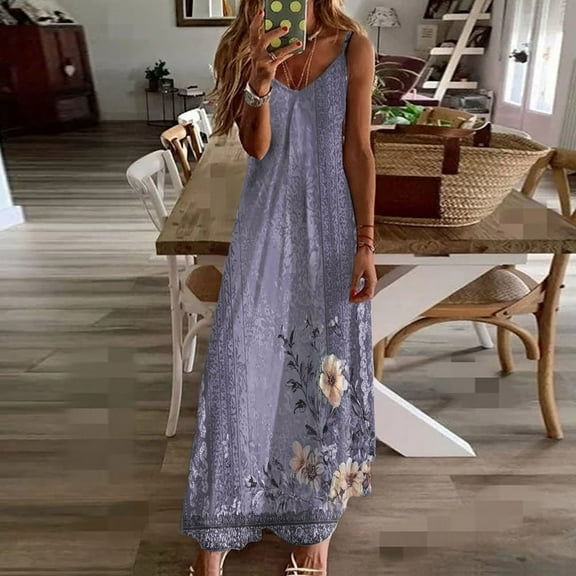 ClodeEU Women's Summer Printed V Neck Sleeveless Tassel Beach Spaghetti Straps Flowy Maxi Sun Dress Purple,Womens Plus M