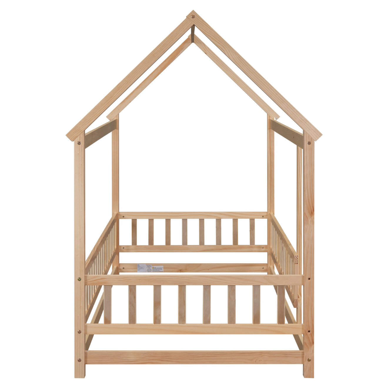 Twin Size Wooden Bed with House Roof Frame, House Bed Frame with Fence Guardrails for Girls Boys Teens, Natural