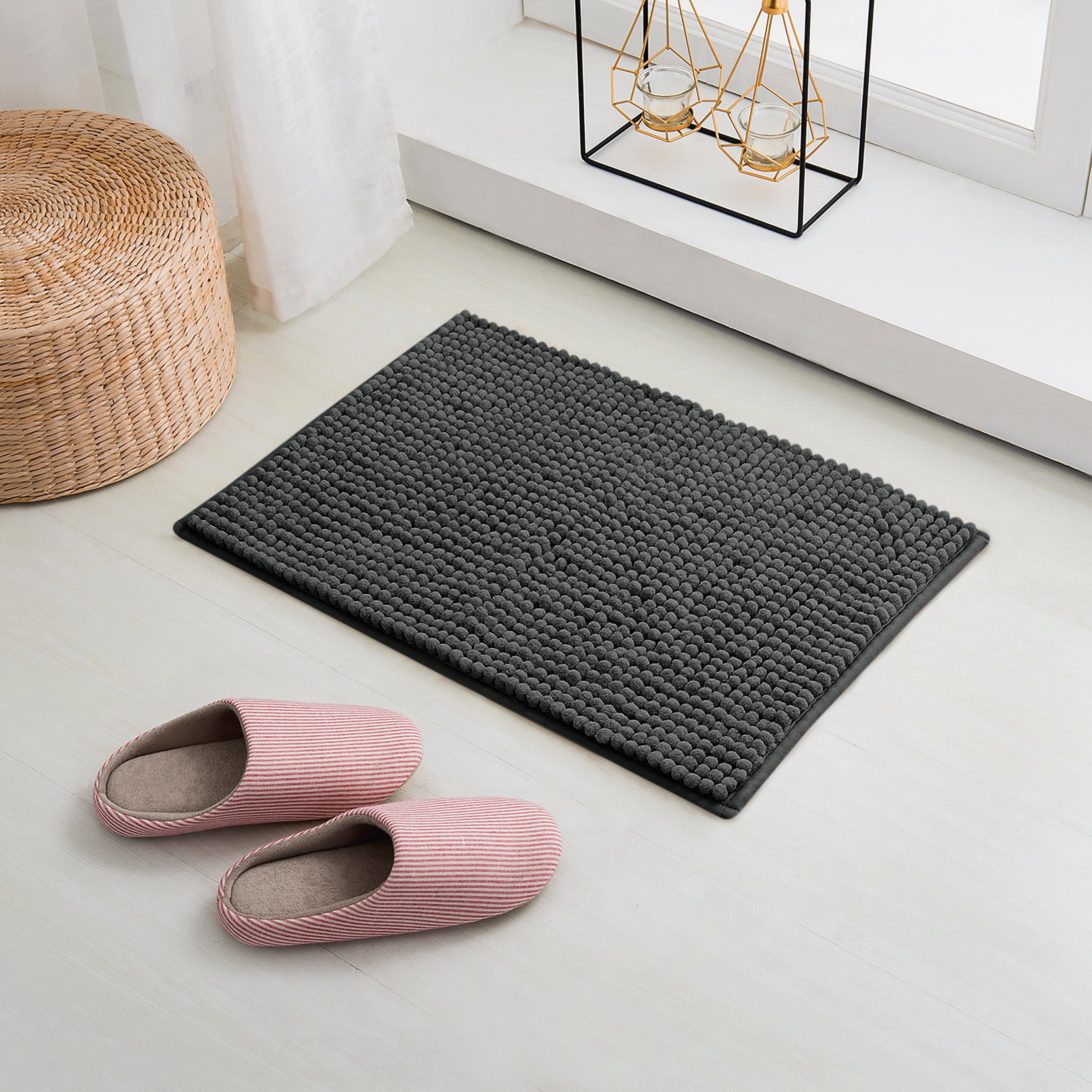 Kasentex Soft Luxury Bathroom Rug Mat, Absorbent Shaggy Chenille Bath Rugs, Durable Non-Slip Indoor / Outdoor Rugs, Size: 17” x 24”, Pink