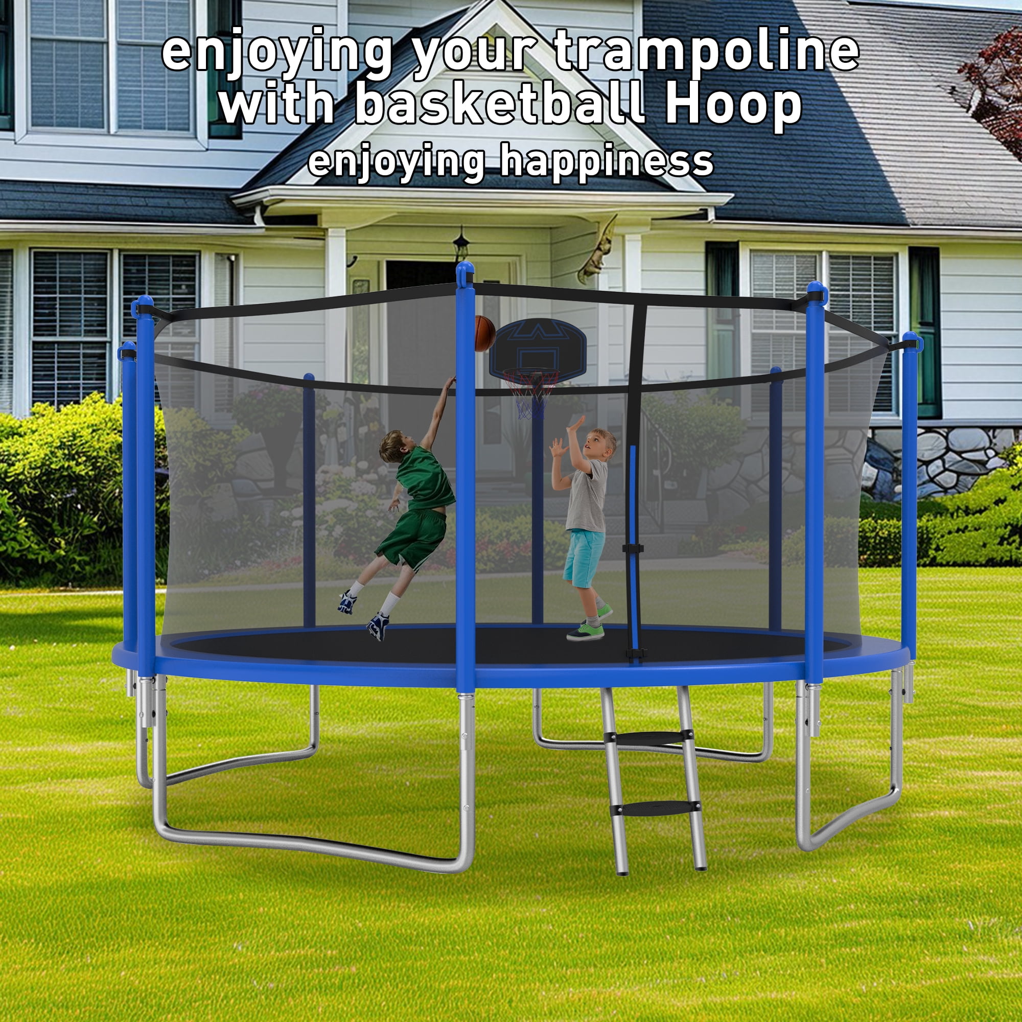 XMIKA Trampolines 14FT 15FT 16FT, Trampolines for 4-6 Kids/1-2 Adults, 1400LBS Outdoor Trampolines with Enclosure Net, Basketball Hoop, Ladder, Heavy Duty Recreational Trampoline, Fast Assembly