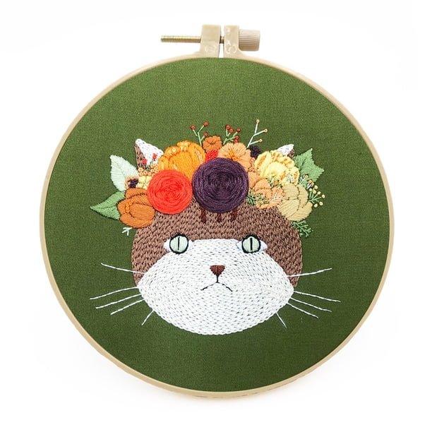 pstuiky Kit de bordado de flores para principiantes, incluye bastidor para bordar gatos, kit de bordado DIY estereoscópico para principiantes, paquete básico de tela