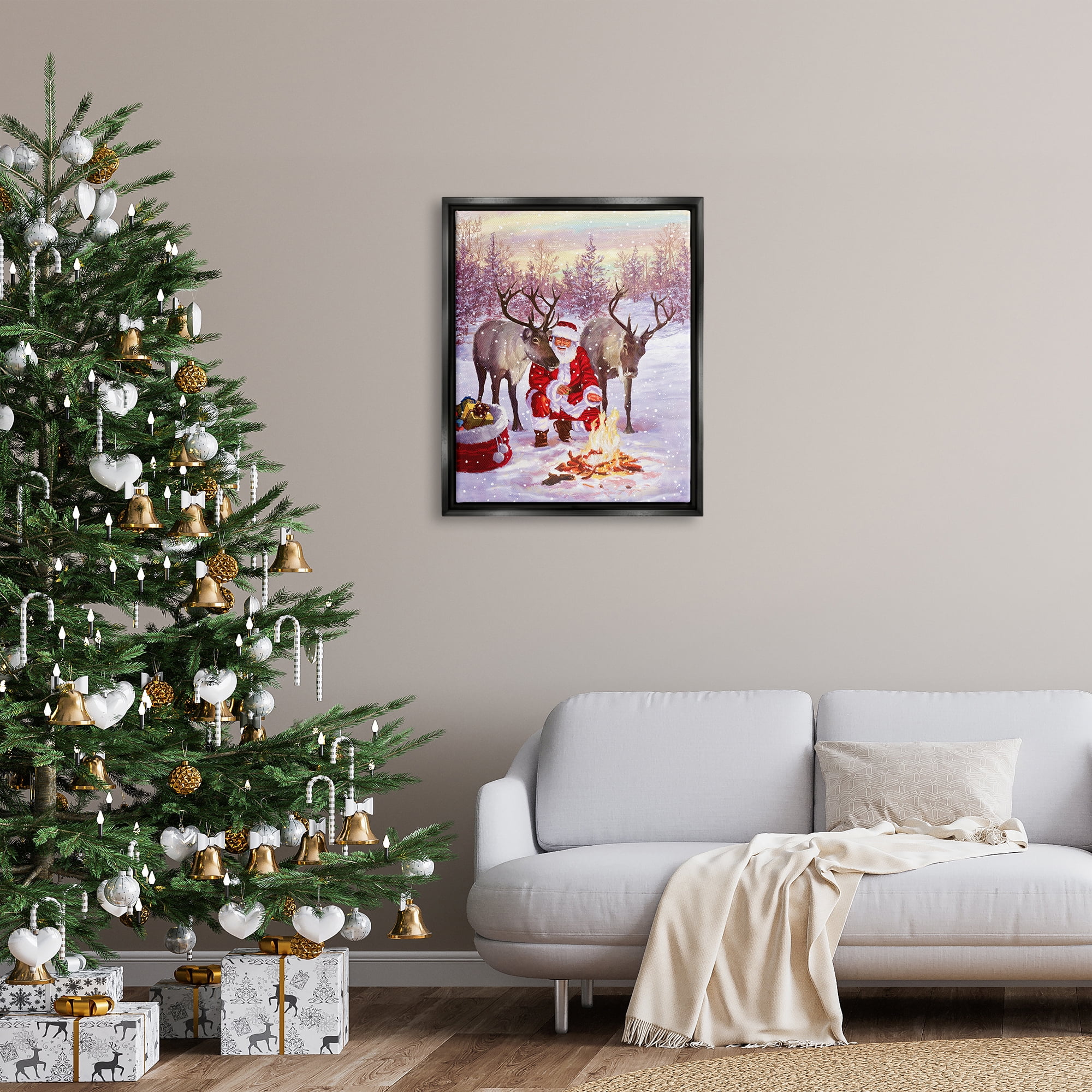 Stupell Industries Santa & Reindeer Bonfire Scene Holiday Painting Black Floater Framed Art Print Wall Art