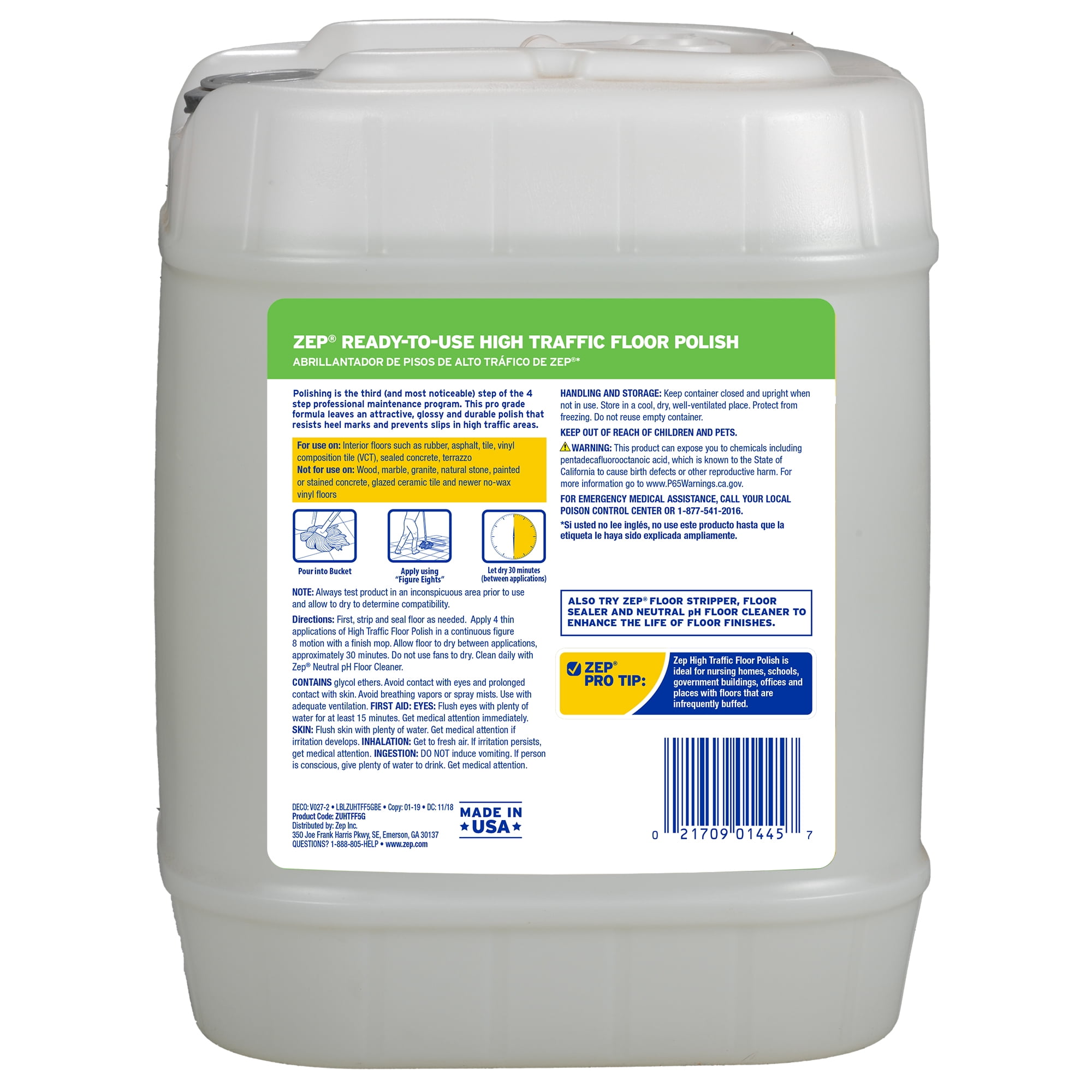 Zep High Traffic Floor Polish – 5 Gallon (Each) ZUHTFF5G – Scuff and Slip Resistant Durable Floor Finishing Polish