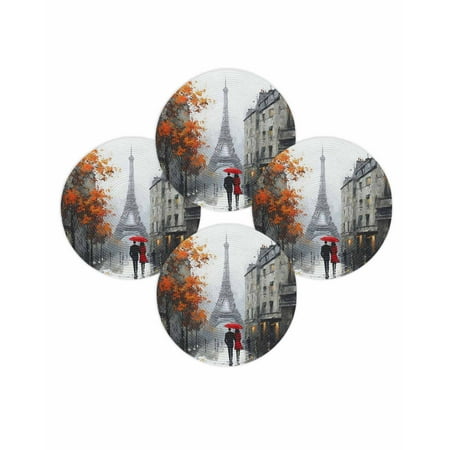 Valentine s Day Round Placemats Set of 4 Romantic Rainy Days Place Mats Washable Woven Placemat Eiffel Tower Couple Circle Braided Table Mat for Kitchen Dining Table Wedding Party Home Decor 15 Inch