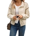 thumbnail image 2 of Women Fleece Cropped Stand Collar Color Block Zip Up Jacket Thickened Warm Fall Coat Fashion Apricot L, 2 of 9