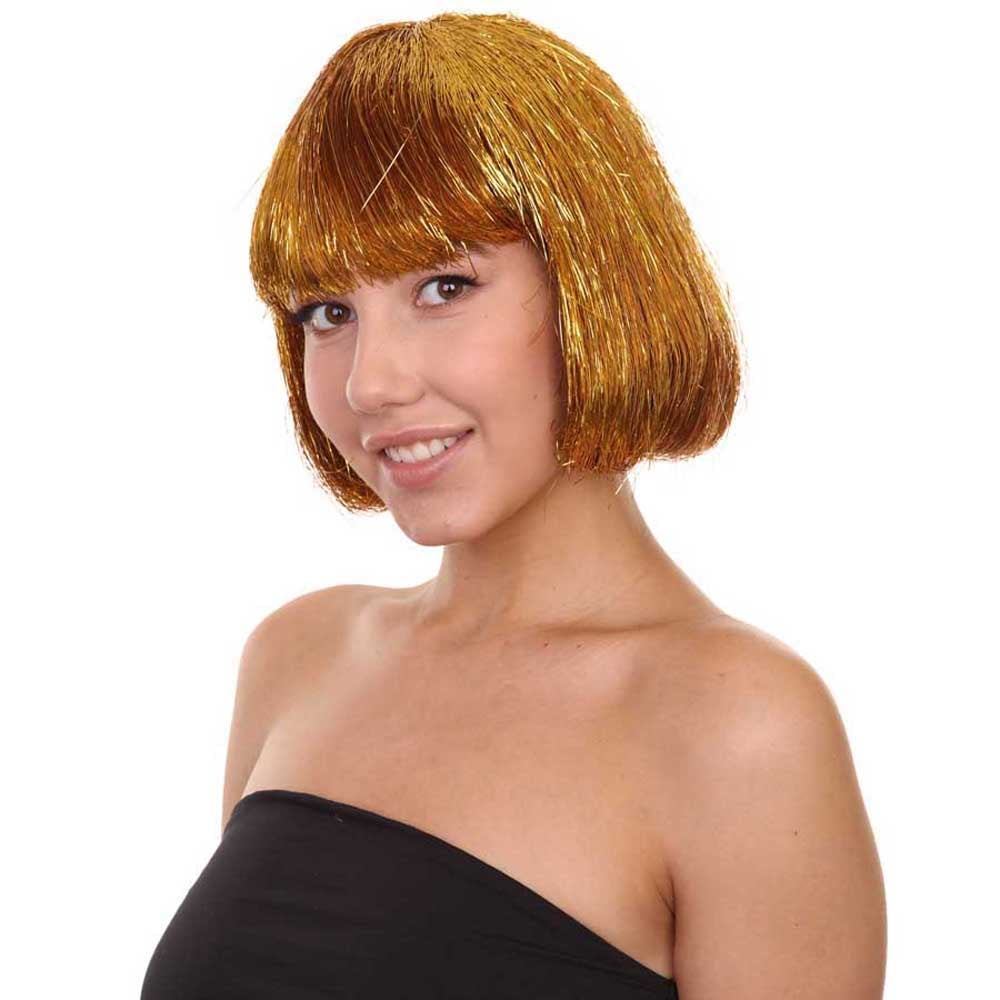 HPO Adult Women's Gold Tinsel Bob Wig | Breathable Capless Costume Hair | Festival & Party Wig