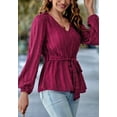 thumbnail image 4 of Solid V Neck Long Sleeve Textured Peplum Hem Blouse for Women Burgundy Large, 4 of 5