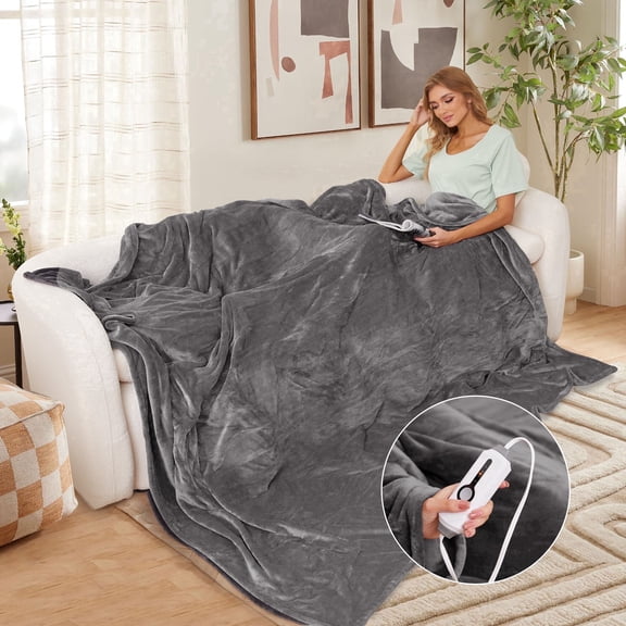 YAKEE Heated Blanket 72"x 84" Full Size Soft Warm Flannel Fast Heating, 4 Fast Heating Levels & 10H Auto-off, Heat Protection, Home Office, Grey