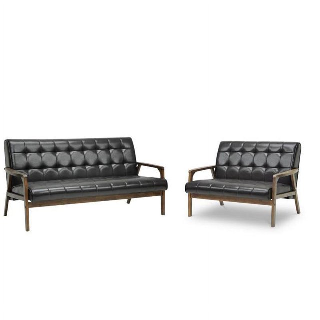 2 Piece Mid Century Modern Sofa Set with Sofa and Loveseat in Brown