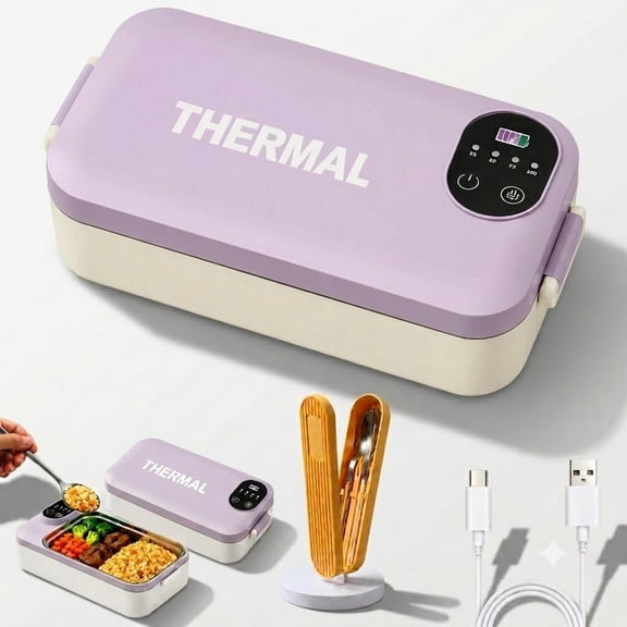 Portable Electric Lunch Box with Self-Heating, 304 SS ,Rechargeable Cordless Lunch Box with Smart Timer, Temperature Display and Leakproof Lid for Work, Travel and Camping