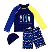 Kids Boys Quick Dry Sunscreen Long Sleeve Swimwear Shorts Hat Surfing Wetsuit Dark blue 2-3Y
