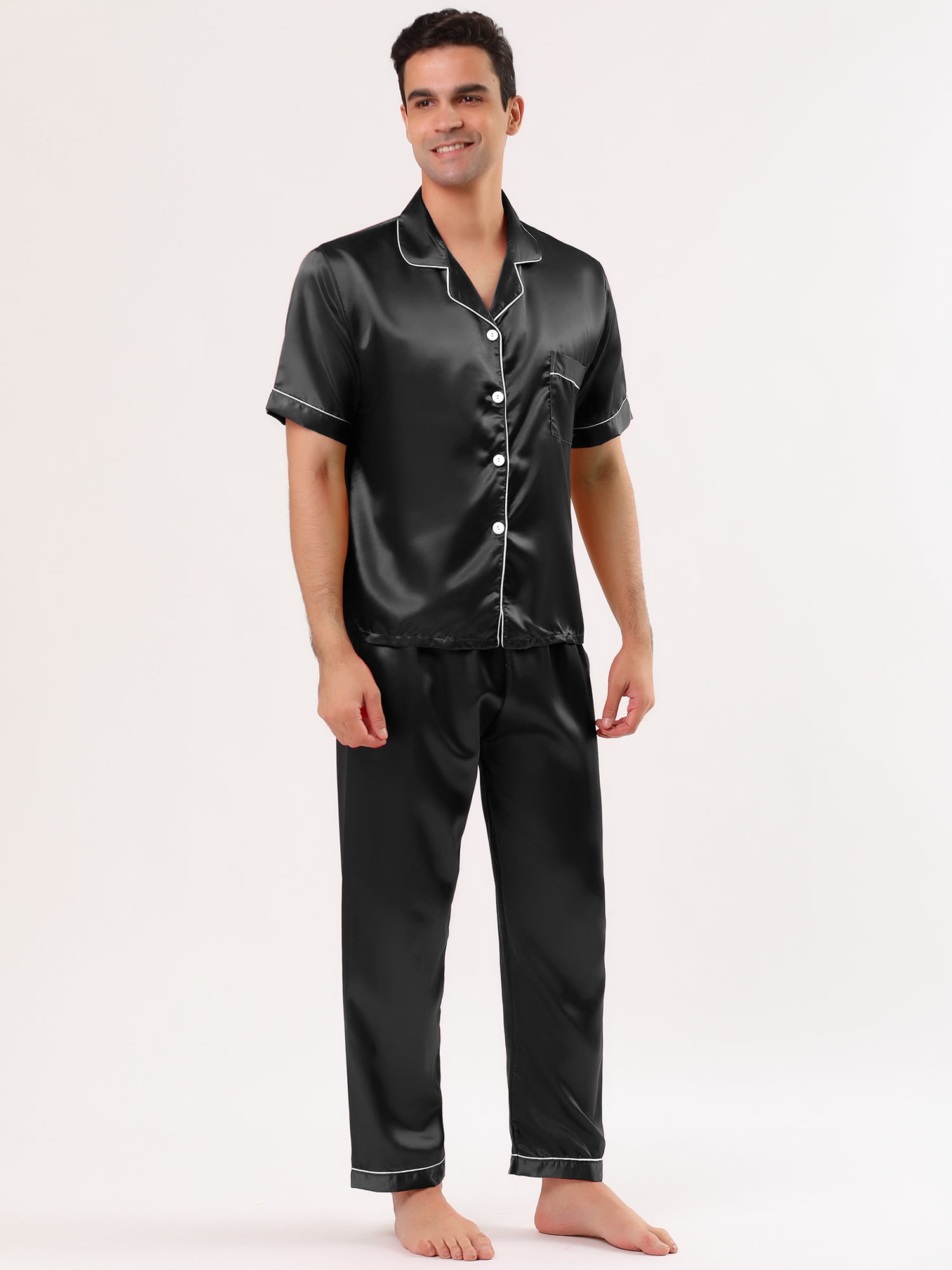 Unique Bargains Men's Button Down Satin Pajama Sets Short Sleeves Nightwear Small Black