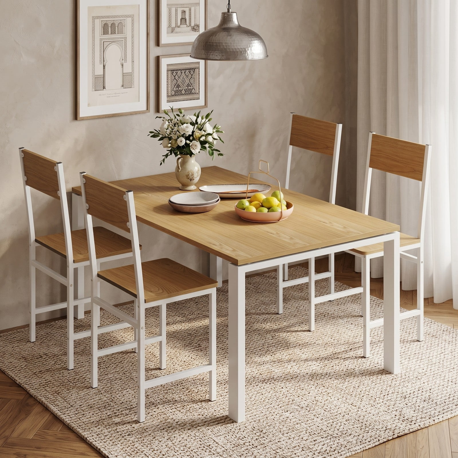 Furnibear Set of 4 Dining Chairs with Metal Legs and Slanted Back, Wood Grain Kitchen Side Chairs, Armless Dining Room Chairs with 300 lbs Capacity for Home, Natural
