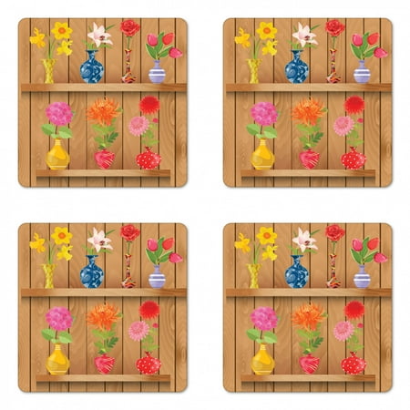 

Daffodil Coaster Set of 4 Glass Vases Colorful Flowers on Wooden Shelves Pastel Effects Graphic Square Hardboard Gloss Coasters Standard Size Multicolor by Ambesonne