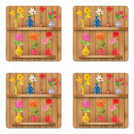 

Daffodil Coaster Set of 4 Glass Vases Colorful Flowers on Wooden Shelves Pastel Effects Graphic Square Hardboard Gloss Coasters Standard Size Multicolor by Ambesonne