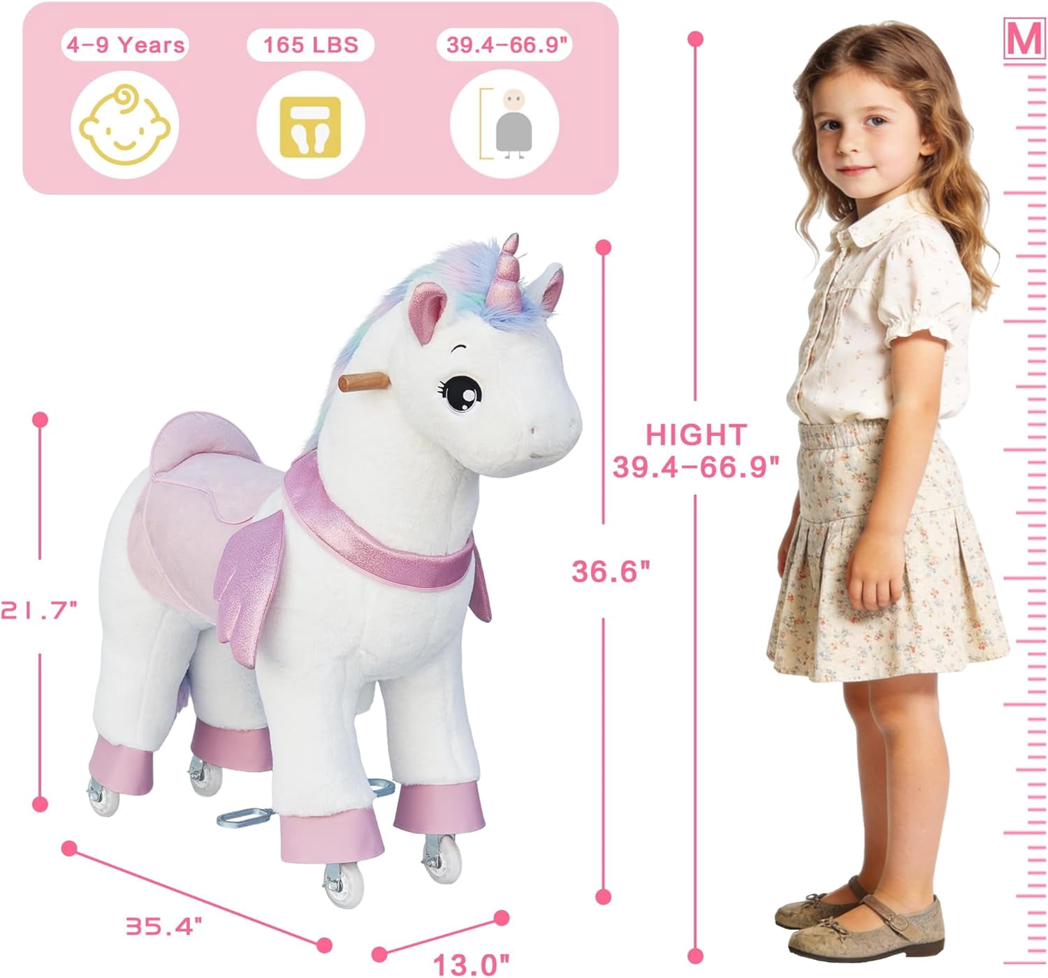 DEYGIA Ride on Unicorn Toys for Kids, Ride on Toy for Girls 4 to 9 Years Old, 36.6'' Height Riding Horse Rider Mechanical Walking Action Toys, No Battery or Electricity, Max Load 165LBS