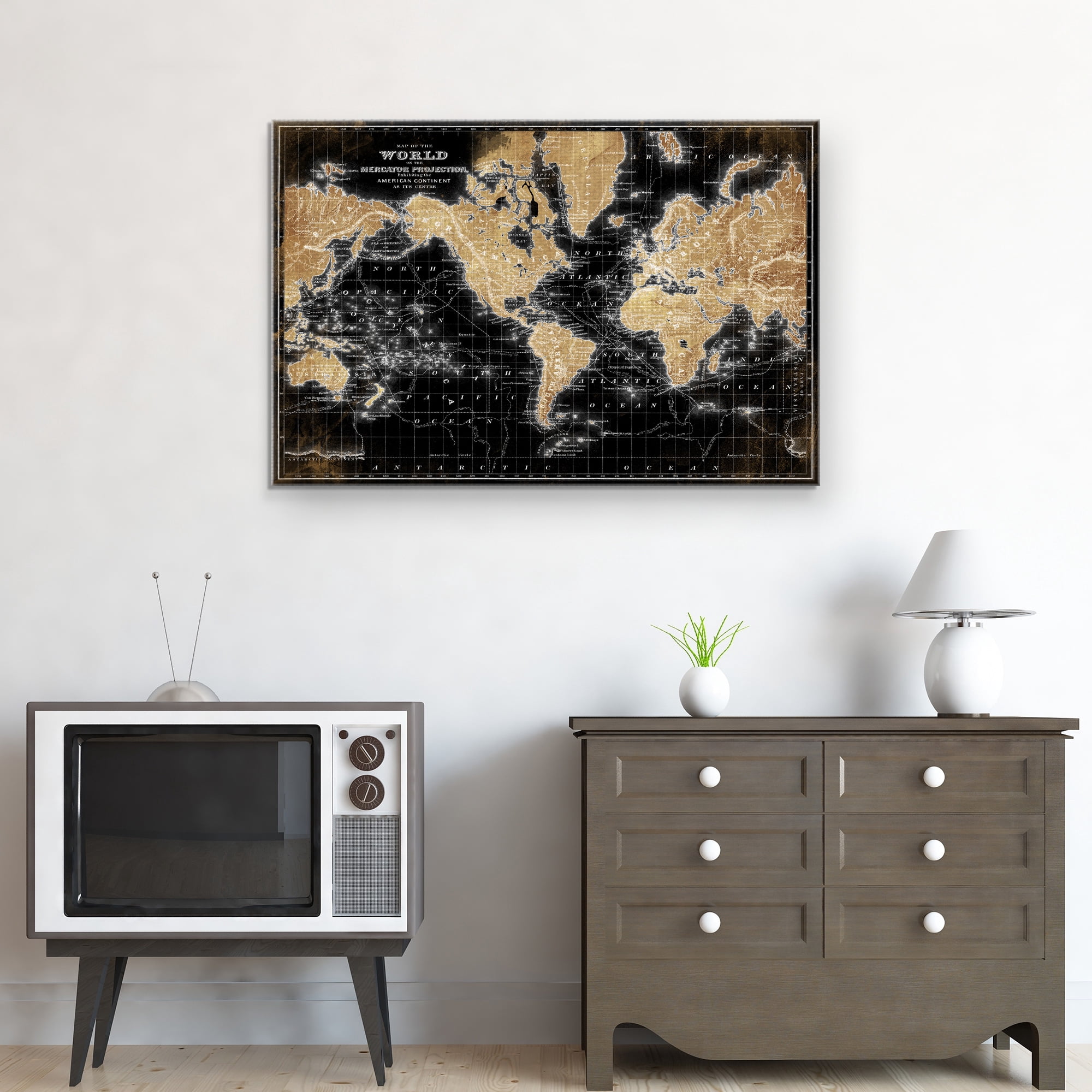 Masterpiece Art Gallery World Map On Black By Belle Maison Canvas Art Print 24" x 36"